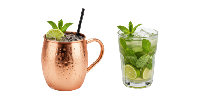 Mojito cocktail and mule cocktail with lime and mint isolated PNG with Transparent Background