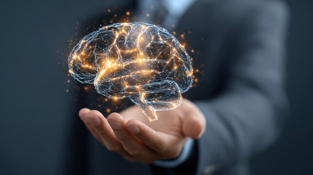 Vibrant photo of business professional holding a glowing digital brain, representing artificial intelligence and innovation in technology. - Powered by Adobe