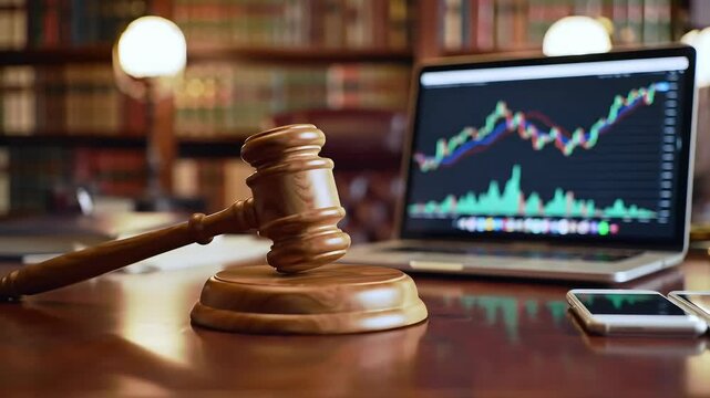 Palu Hakim dan Grafik di Laptop, Melambangkan keadilan dalam bisnis dan dunia digital dan alat untuk penegak hukum