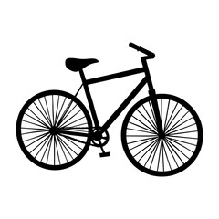 Silhouette of a bicycle with wheels spokes and seat on a white background