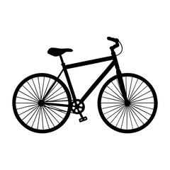 A simple black silhouette of a bicycle with visible wheels and pedals
