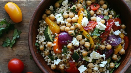 Mediterranean couscous salad with roasted vegetables, chickpeas, and feta, displayed on a rustic wooden table .