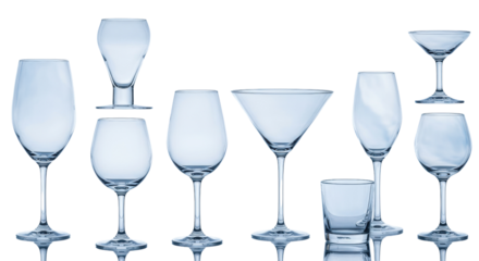 Selection of various glasses for beverages isolated PNG with Transparent Background