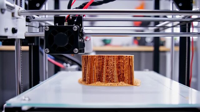 3D printer in action, printing a textured wooden object