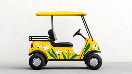Obraz premium Cheerful Yellow Golf Cart with Floral Design