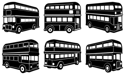 Collection of six black and white double decker bus vector illustrations