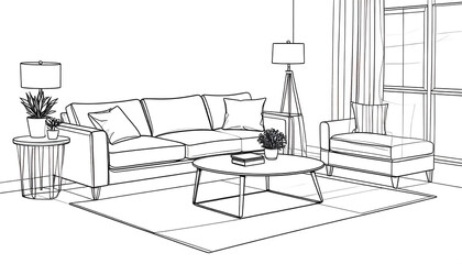 Line Drawing of a Modern Living Room Interior Design