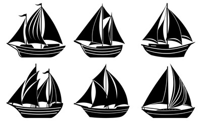 Illustration of six black silhouette sailboats with varying sail styles