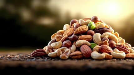 Mixed nuts and seeds scattered on rustic wooden surface against blurred sunset background, showcasing variety of healthy snacks and natural food ingredients.