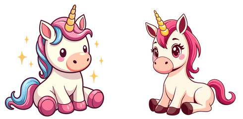 Cartoon stuffed unicorns in pastel colors on isolated background  