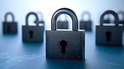 Fototapeta premium Metal padlock in focus with blurred locks in background on world map surface, representing global security and data protection concepts in cool blue tones.