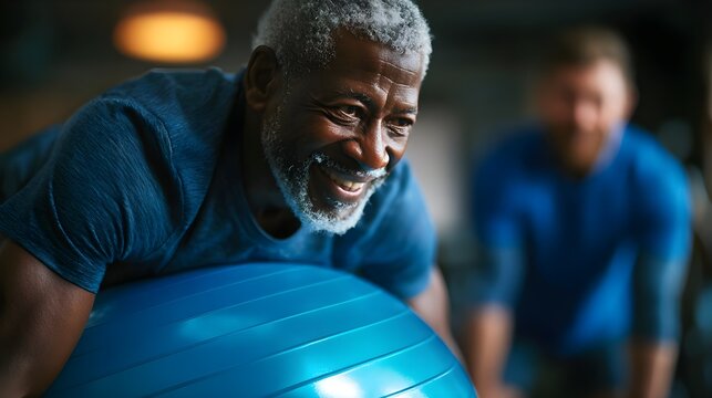 Elderly Man Engaged in Fitness Exercise with Stability Ball