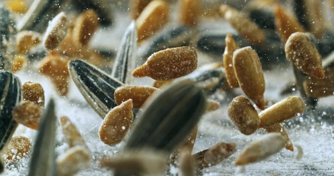 Dynamic Close-Up of Sunflower Seeds and Grains Falling Through White Flour Dust. High-Speed Shot of Natural Organic Food Ingredients for Healthy Cooking, Farming, and Nutritional Concepts