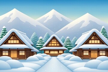 Cozy japanese village nestled amidst snow covered mountains and trees