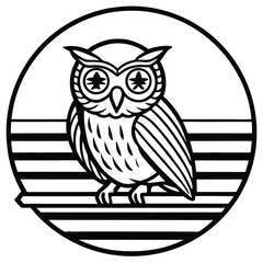 Circular owl perched on a branch with a faded retro background