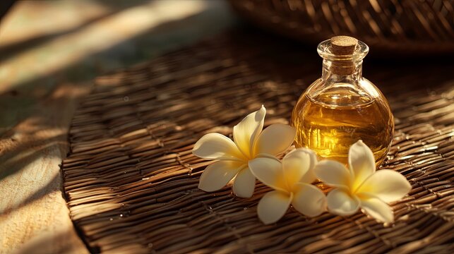 Monoi oil bottle with tropical plumeria flowers on a rattan mat .