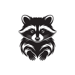 A stylized black and white illustration of a cute raccoon with its distinctive facial mask and bushy tail