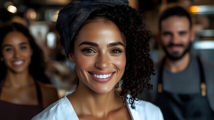 Fototapeta premium Young African American woman with curly hair and bright smile in casual white top against blurred cafe background with diverse coworkers, expressing joy and confidence.