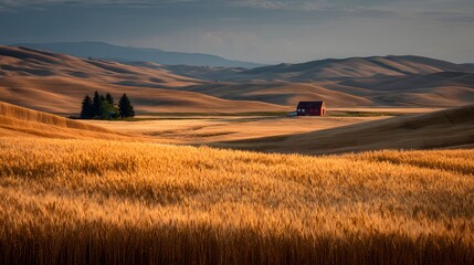 Obraz premium Golden wheat farmland stretching across rolling hill under soft late summer sky single red barn distance natural countryside scene captured wide human eye perspective warm golden hour light calm wind