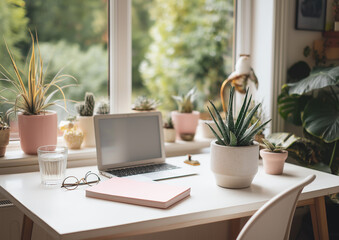 A photo of a white desk with a pink notebook, laptop, and glasses on it