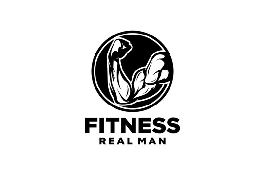 Strong bicep logo design for fitness centers. Showing off a man muscular arm. Vector silhouette illustration. Gym Fitness Sport.