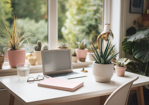 A photo of a white desk with a pink notebook, laptop, and glasses on it