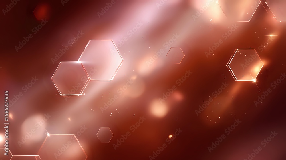 Poster glowing hexagonal shapes floating on dark red background with bokeh light effects and soft focus cre
