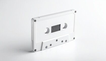 Obraz premium A transparent cassette tape with a white label—its reels frozen mid-wind against a pale surface—evokes themes of analog memory, suspended narrative, and the quiet tension between recording and erasure
