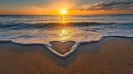 Ocean wave creates natural heart shape on sandy beach during golden sunset, with sun rays reflecting on water surface and dramatic clouds in orange sky.