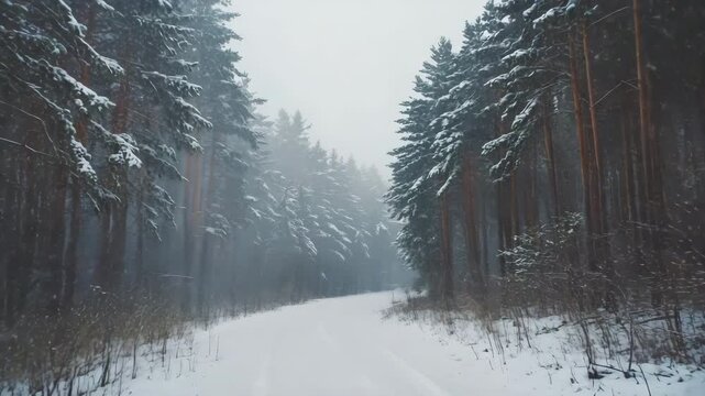 Snow Covered Forest Road in Winter With Tall Pine Trees and Frosty Landscape
