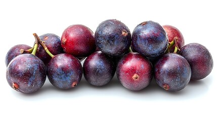 Fresh ripe muscadine grapes with deep purple and burgundy colors isolated on white background, showing natural bloom coating and stems. Macro food photography.