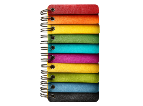 Colorful spiral notebook pages rainbow hues design, Isolated On White, Transparent Background, Png - Powered by Adobe