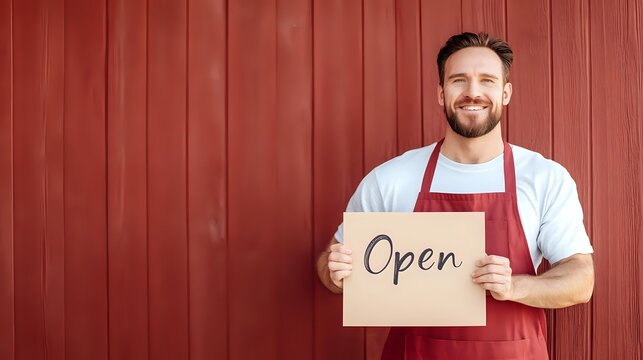 Cheerful small business owner in apron holding open sign against red wall background. Welcoming entrepreneur starting workday at local shop or restaurant.