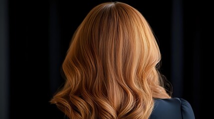 Naklejka premium Blonde wavy hair from behind on dark background, showing professional salon hairstyle with soft curls and honey-colored highlights. Natural looking modern cut.