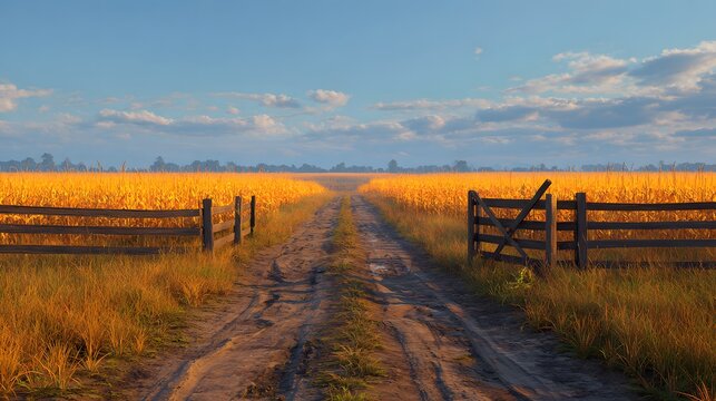Harvest ready rural farmland scene muddy road neat wooden fence rows vibrant golden cornfield stretching to horizon realistic peaceful atmosphere