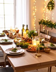 Dining table set with food dishes arranged for meal warm and inviting atmosphere 