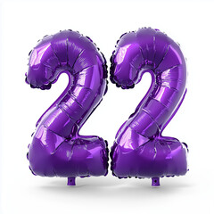 Purple foil number balloons in shape of 22 for celebrations  