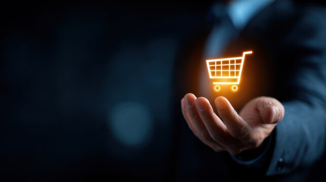  vibrant photo of businessman holds glowing shopping cart in hand. Future tech concept of online shopping. Ecommerce, digital business central themes. Hand.