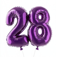 Purple foil number balloons depicting the number 28 for celebrations  