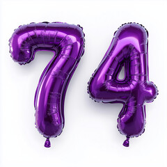 Purple foil number balloons shaped as 74 on white background  