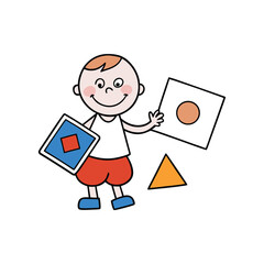 Cute cartoon child learning geometric shapes with colorful flashcards