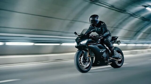 Sport Motorcycle Rider in Tunnel With Motion Blur for Speed and Urban Commute
