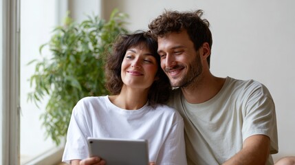 Young professionals collaborating on digital project, sharing tablet while working comfortably from home, embodying modern remote work flexibility