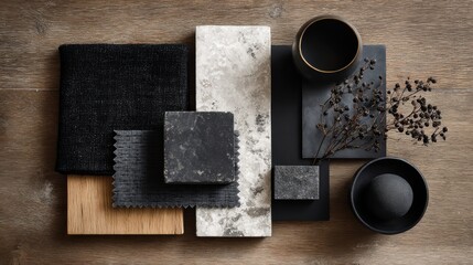 High-quality photo of interior design material moodboard - black color tones.