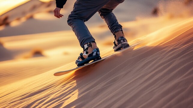 Person sandboarding down a dune at sunset.