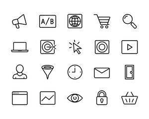 Editable Line Style Digital marketing icons. Target, conversion, email, analytics, e-commerce, campaign, SEO, SEM, security, cookie, user, tracking
