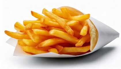 A portion of crispy golden fries served in a white cone, isolated on a white background