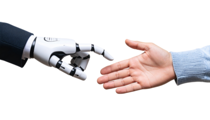 Robotic hand and human hand nearly touching isolated on transparent background. Png
