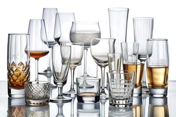 A diverse collection of empty and filled glassware for various beverages