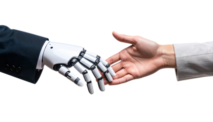 Robotic hand and human hand nearly touching isolated on transparent background.